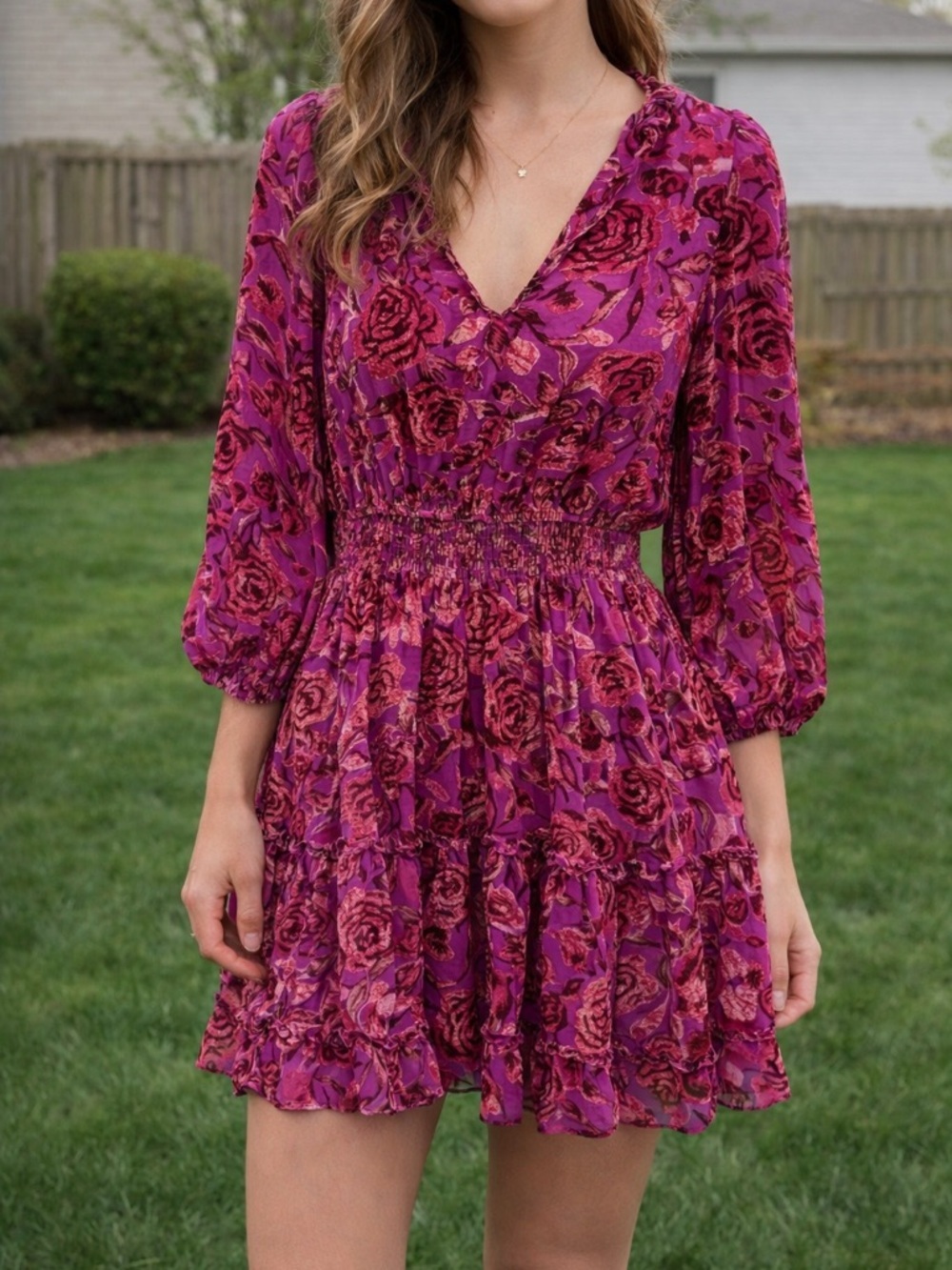 o.p.t Purple Floral V-Neck Smocked Waist Mini Dress crushed velvet size medium